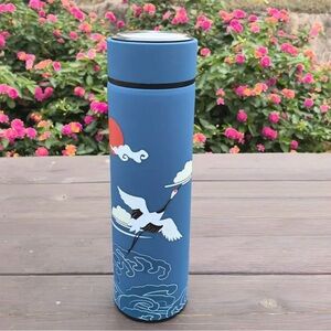 NEW 16 oz Blue Stainless Steel Insulated Thermos Flask - Asian Crane Design